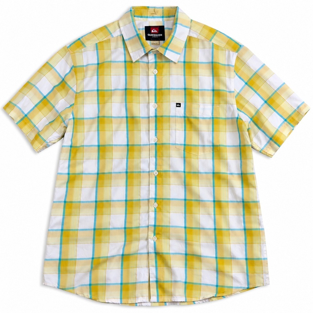 QUIKSILVER Mens Medium Plaid Polo Shirt Yellow Teal White Short Sleeve Casual